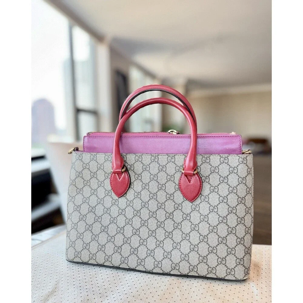 Authentic Gucci GG Supreme Tote Multicolor Pink Leather Top Handle Crossbody